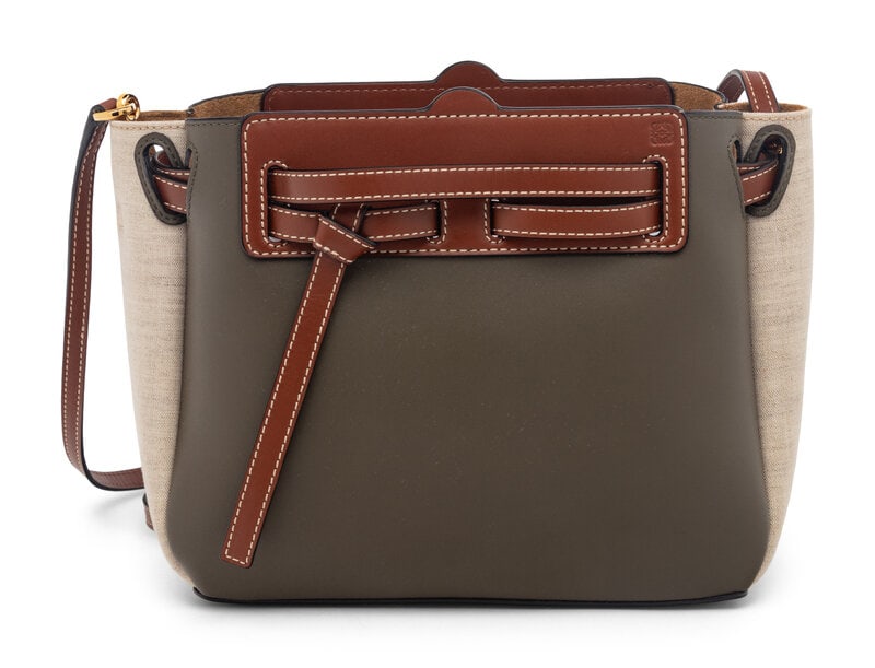 Loewe Mini Lazo Tote: Loewe Mini Lazo Tote Mini Lazo Tote with Crossbody Strap in Khaki Green and Brown Calfskin with Linen Accents. Label: Loewe Code: 051932 Date: 2019 Country of Origin: 2019 Approxi