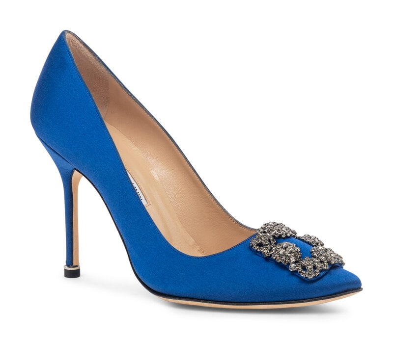 Manolo Blahnik Hangisi - Sex and The City Pumps in Blue Satin : Manolo Blahnik Hangisi - Sex and The City Pumps in Blue Satin Hangisi pump in blue satin with rhinestone buckle. This style was made famous by HBO's Sex and the City, when