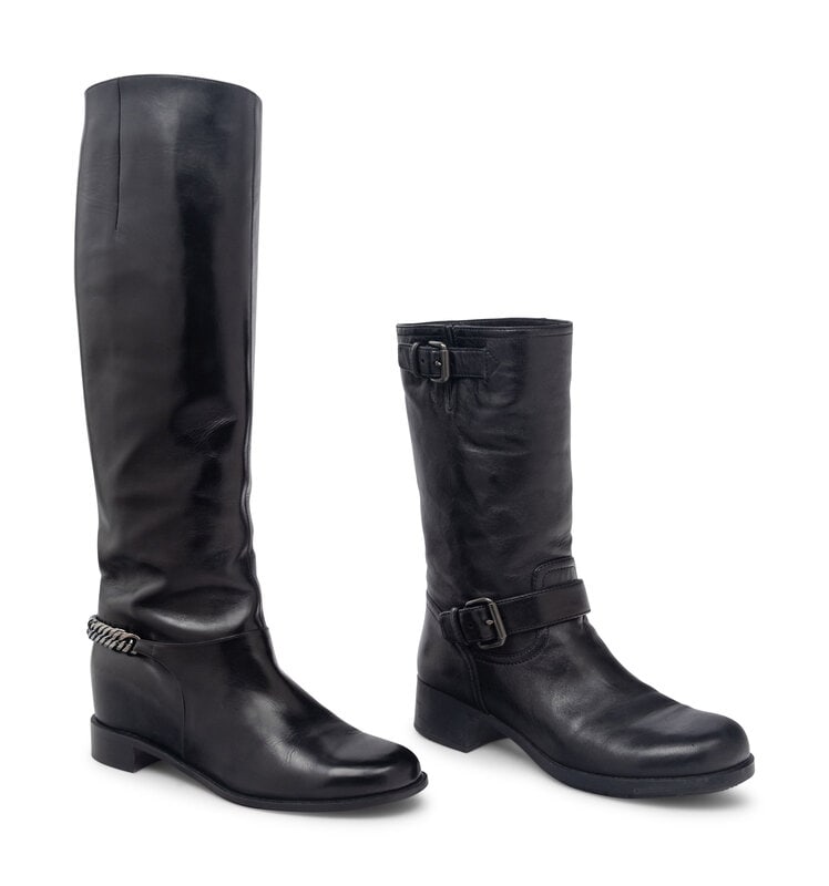Two Pairs of Boots by Christian Louboutin and Prada Sport: Two Pairs of Boots by Christian Louboutin and Prada Sport THE FIRST Knee-high riding boots in smooth black calfskin with concealed wedge. Leather lining. Stacked heel. Leather sole with signature