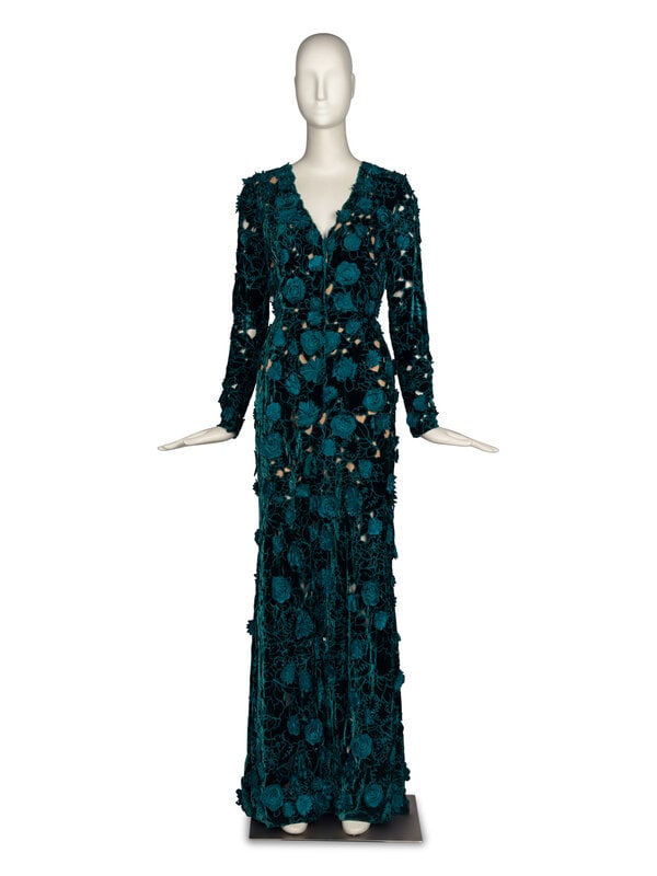 Oscar de la Renta Floral Gown : Oscar de la Renta Floral Gown Look 53 from the F/W 2012 ready-to-wear collection by Oscar de la Renta. Long-sleeve gown in deep teal velvet with embroidery and cutouts throughout. 3-D floral