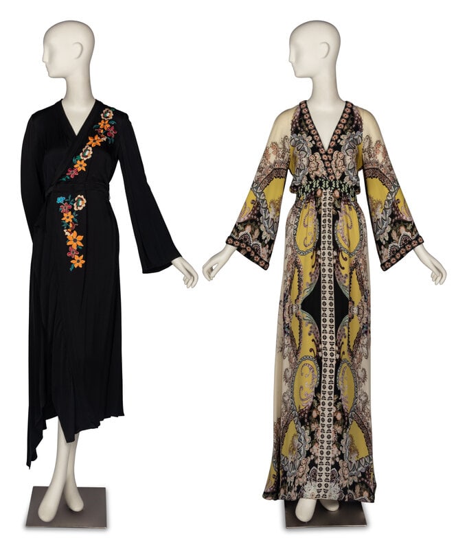 Two Etro Dresses: Two Etro Dresses THE FIRST V-neck midi dress in black satin viscose with multicolor floral embroidery and beading at front. Faux wrap front silhouette. Flared sleeves. Asymmetric hem. Zipper closu