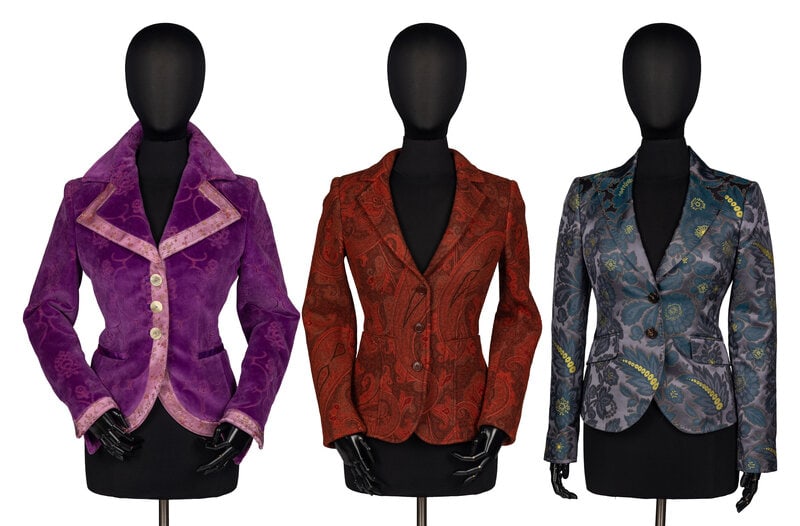 Three Etro Jackets : Three Etro Jackets THE FIRST Single-breasted notch-lapel jacket in purple cotton velvet jacquard with floral lavender jacquard trim. Two front welt pockets. Large white button closure. Fully line