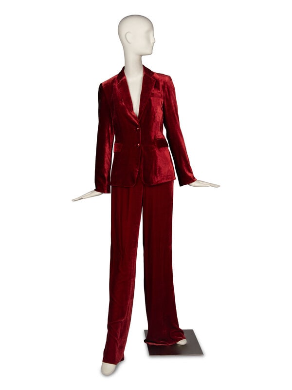 Etro Velvet Pantsuit : Etro Velvet Pantsuit THE FIRST Single-breasted notch lapel suit jacket in crimson velvet. Two welt pockets with flaps at hips, one at chest. Tonal buttons. Fully lined in paisley twill. Label