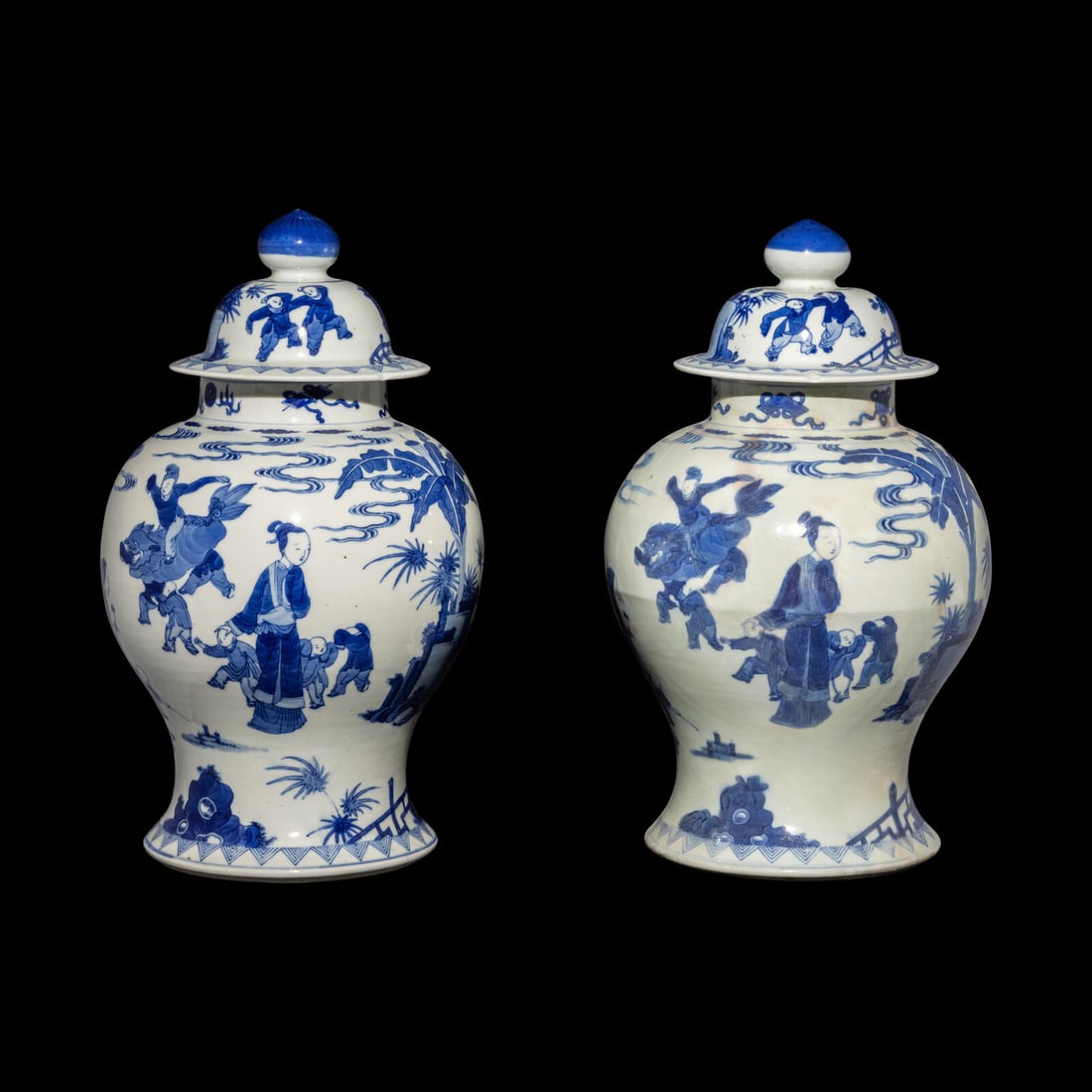 A Pair of Chinese Blue and White 'Figural' Porcelain General Jars and Covers, 19th/Early 20th (1 of 5)