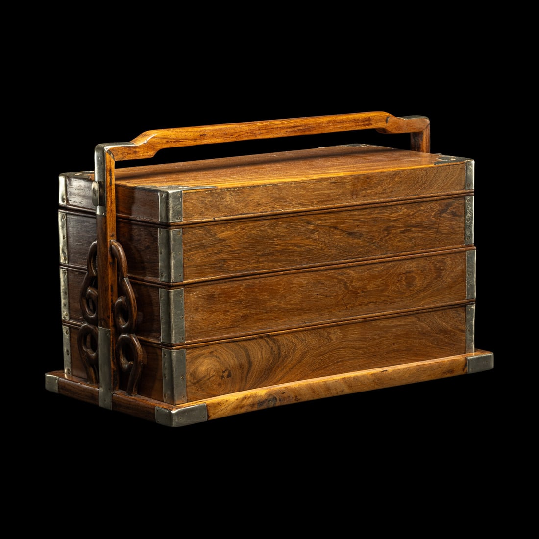 A Chinese Huanghuali and Mixed Wood Three-Tier Picnic Box, Tihe 黃花梨拼 (1 of 4)
