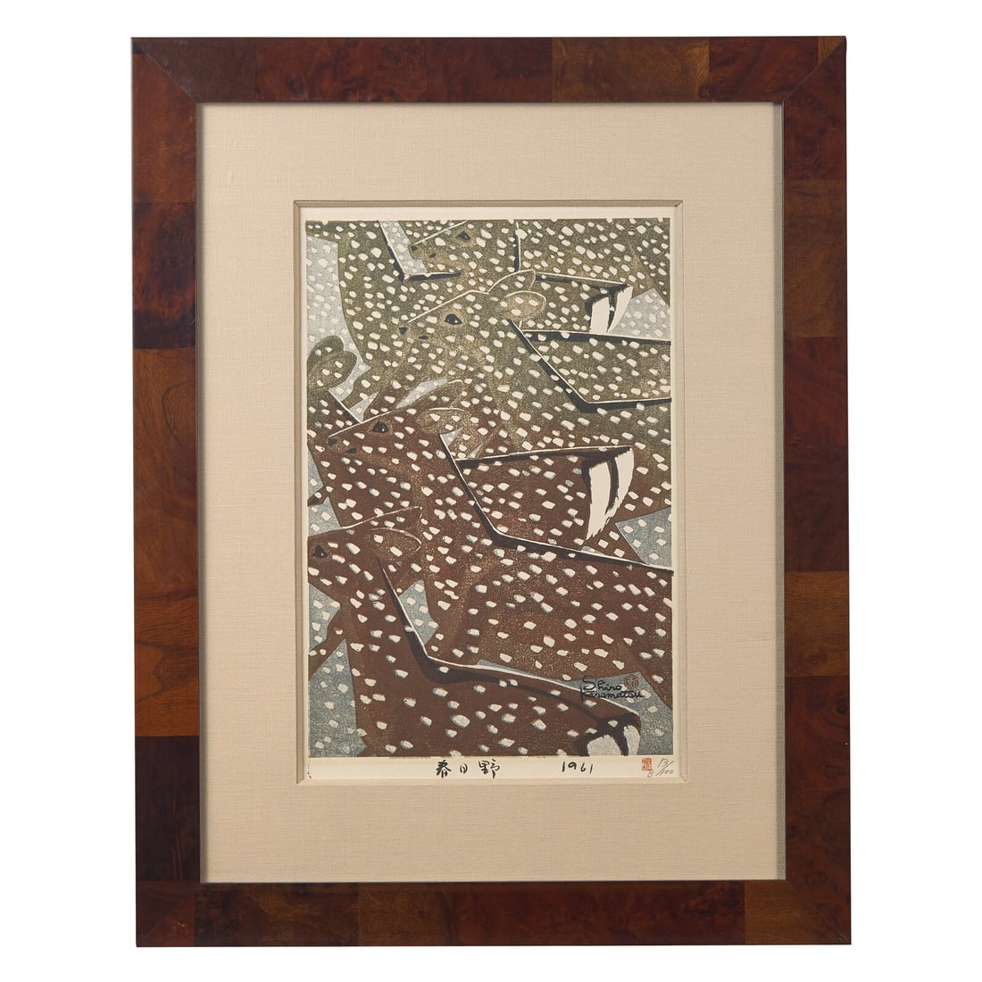 Shiro Kasamatsu (1898-1991) 笠松紫浪 (1898-1991): Shiro Kasamatsu (1898-1991) 笠松紫浪 (1898-1991) (Japanese, 1898-1991) Kasugano (Deer in Snow) Woodblock printed in colors, signed and dated 1961, numbered B 13/100 in pencil l