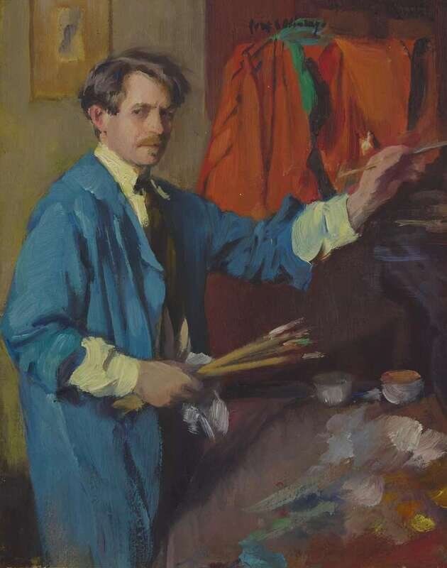 Ivan Gregorewitch Olinsky 
(American/Ukrainian, 1878-1962)
Self-Portrait; with City View with Stone  (1 of 3)