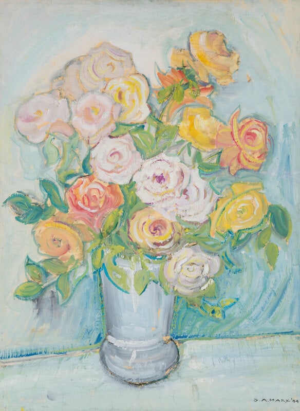 Samuel Marx (American, 1886-1964) Roses, 1944: Samuel Marx (American, 1886-1964) Roses, 1944 oil on paper laid to board signed S.A. Marx and dated (lower right) 39 5/8 x 28 3/4 inches. This lot is located in Chicago. </