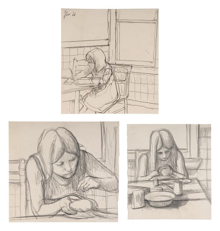 James Weeks (American, 1922-1998) Ellen Writing, 1966, Becky Making a Doll, 1966, and Becky Sewing, : James Weeks (American, 1922-1998) Ellen Writing, 1966, Becky Making a Doll, 1966, and Becky Sewing, 1966 (a group of three works) This lot is located in Chicago.