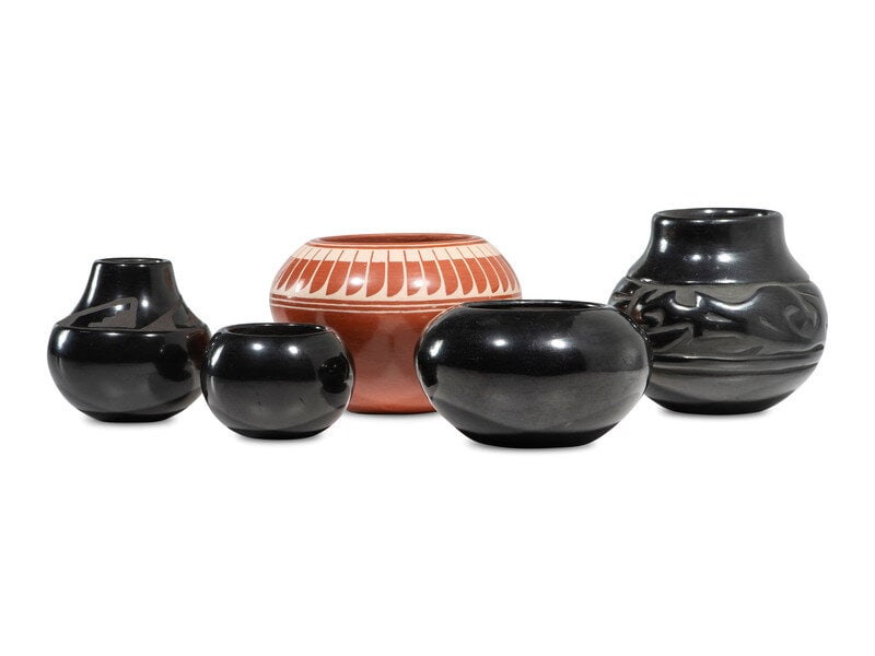 Santa Clara and San Ildefonso Pottery: Santa Clara and San Ildefonso Pottery lot of 5, includes: Lorenzo Gonzales (San Ildefonso, 1922-1995) Redware Jar; signed on base height 4 inches x diameter 6 inches Anita Martinez (