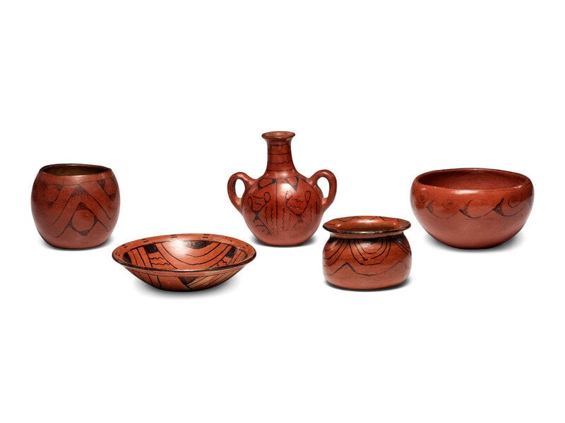 Collection of Maricopa Redware Pottery: Collection of Maricopa Redware Pottery second quarter 20th century lot of 5 assorted forms; all painted with black linear designs canteen height 6-1/2 inches x width 6-1/2 inches shallow bow