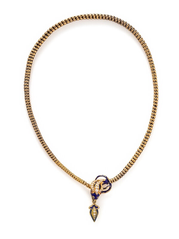 VICTORIAN, YELLOW GOLD, ENAMEL AND SEED PEARL SNAKE NECKLACE (1 of 2)