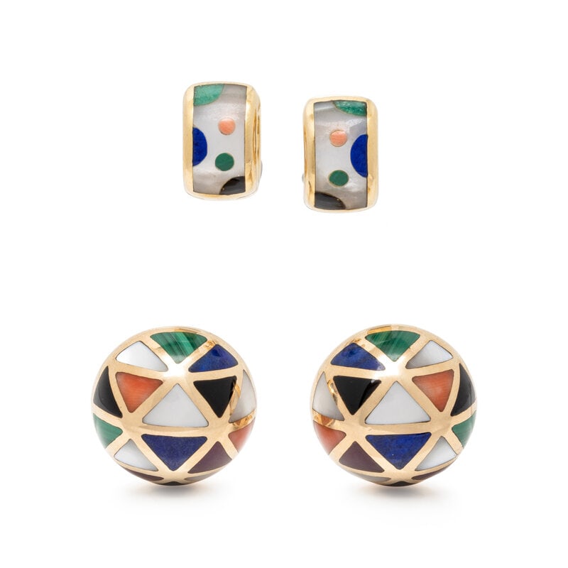 ASCH GROSSBARDT, COLLECTION OF MOTHER-OF-PEARL, HARDSTONE, AND YELLOW GOLD EARRINGS: ASCH GROSSBARDT, COLLECTION OF MOTHER-OF-PEARL, HARDSTONE, AND YELLOW GOLD EARRINGS Mother-of-pearl, lapis lazuli, coral, malachite, onyx, and sugilite. 14 karat yellow gold. Round: 3/4 inch wide. Hug