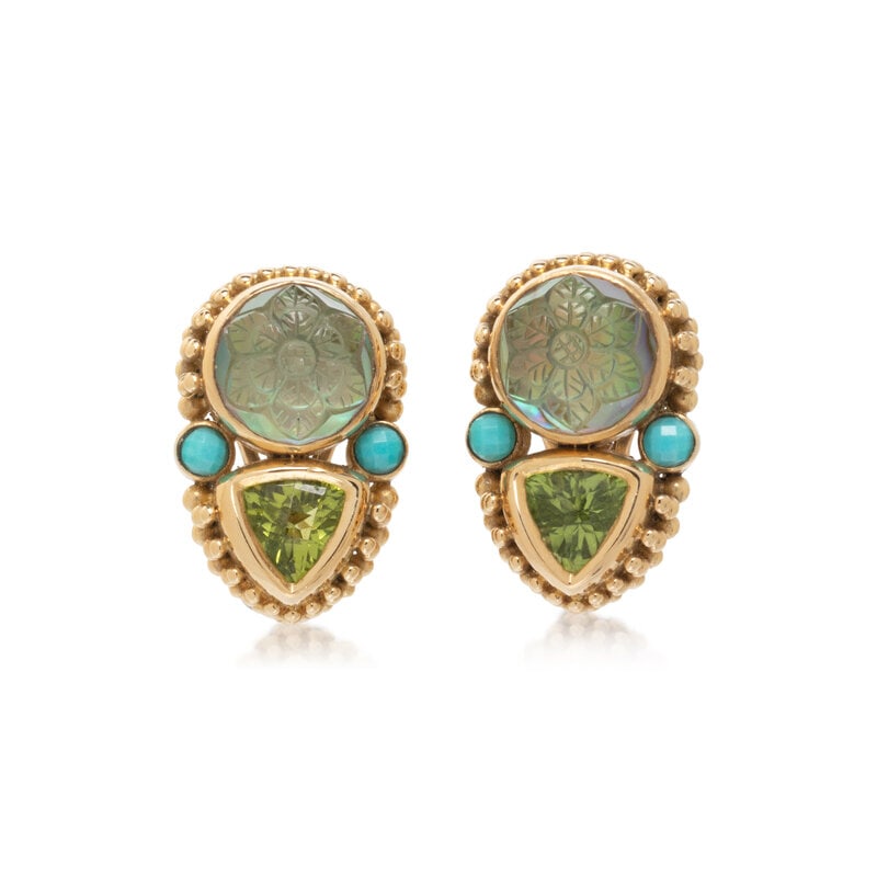 STEPHEN DWECK, MULTIGEM CLIP EARRINGS: STEPHEN DWECK, MULTIGEM CLIP EARRINGS Carved cabochon quartz atop mother of pearl, triangular cut checkerboard faceted peridot and round checkerboard faceted turquoise. 18 karat yellow gold. 7/8 inch