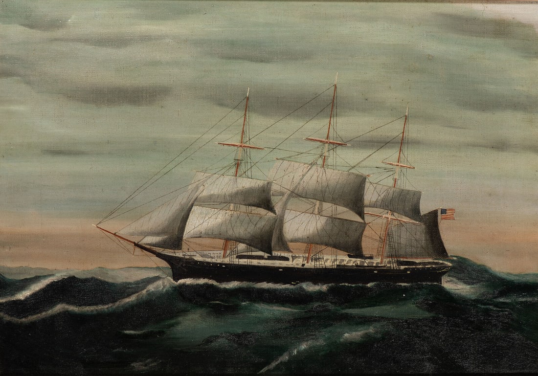 American School, 19th Century: American School, 19th Century Merchant Ship Under Sail oil on canvas unsigned 12 x 17 inches. Property from the Collection of Addice and Peter Thomas, Fairfax, Virginia Provenance: Coleman & Son, Armo