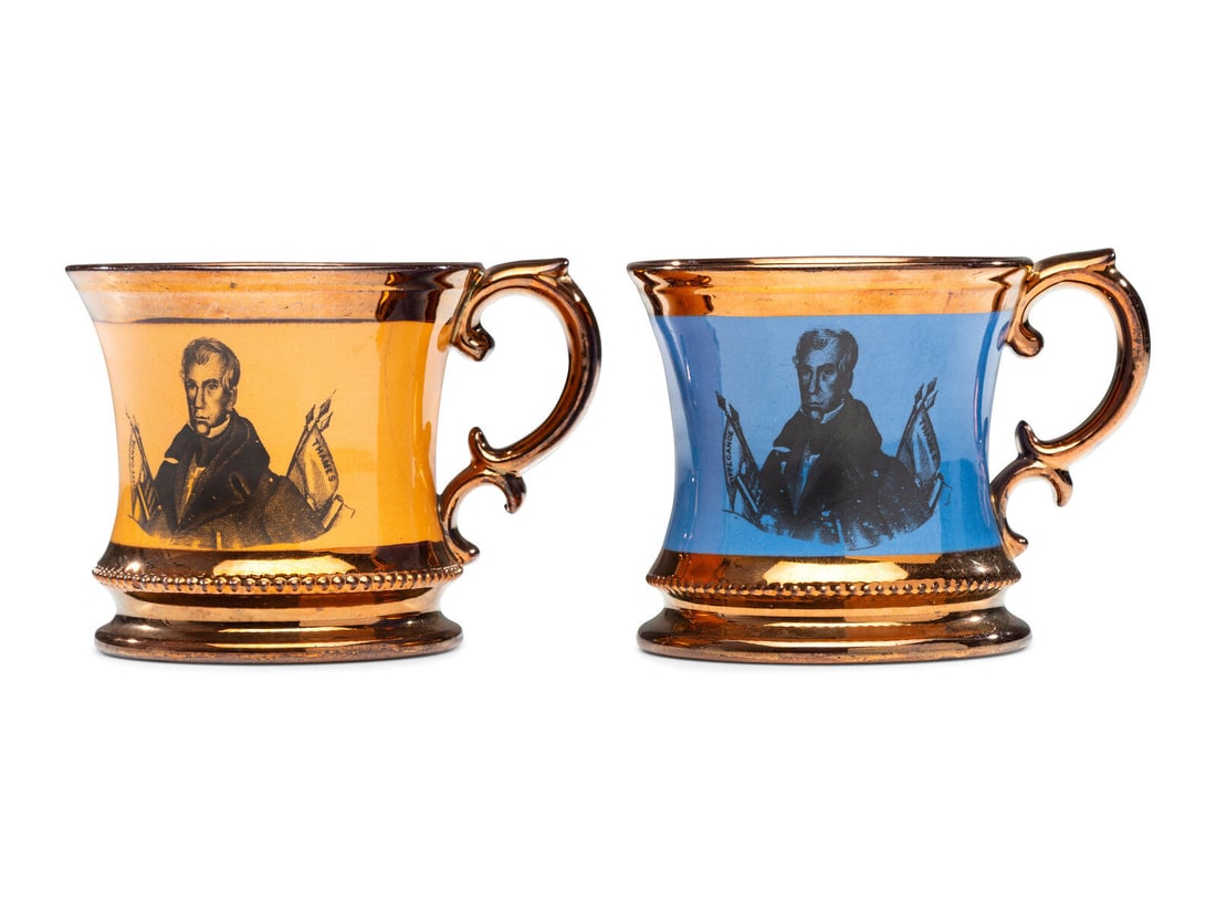 Two Transfer-Printed 'William Henry Harrison' Copper Lustre Mugs: Two Transfer-Printed 'William Henry Harrison' Copper Lustre Mugs English, 19th Century Height 3 1/2 inches. Literature: Harrison portrait inventoried as H.4 and illustrated p. 103 in David and Linda A