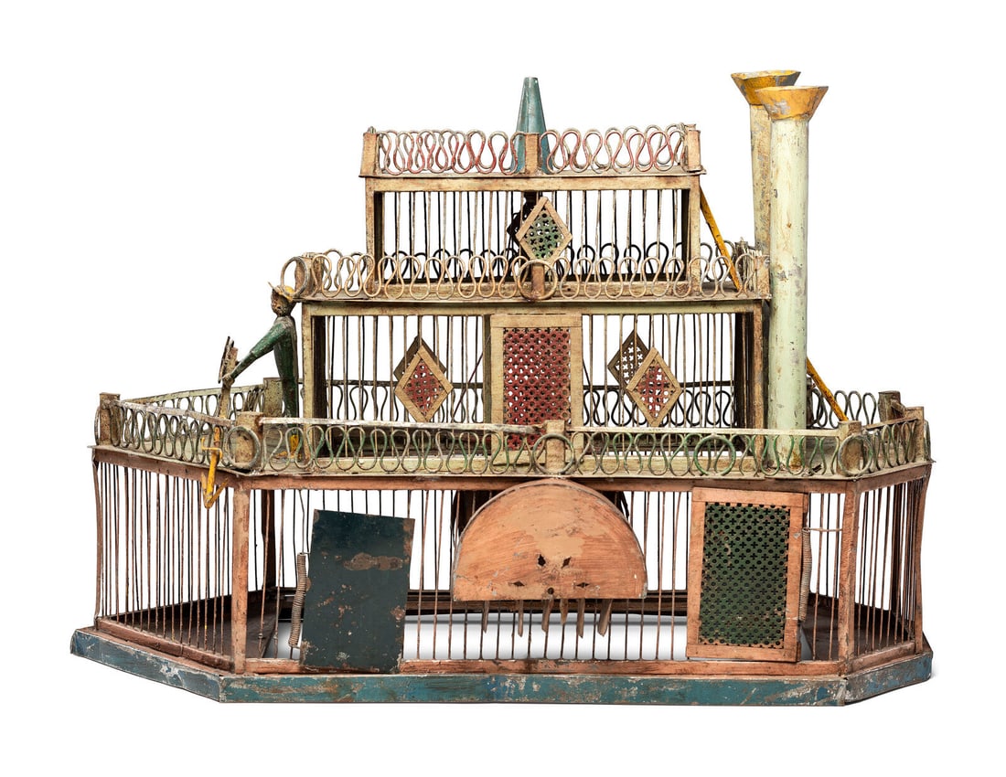 A Folk Art Cut and Painted Metal Paddleboat Form Birdcage (1 of 6)