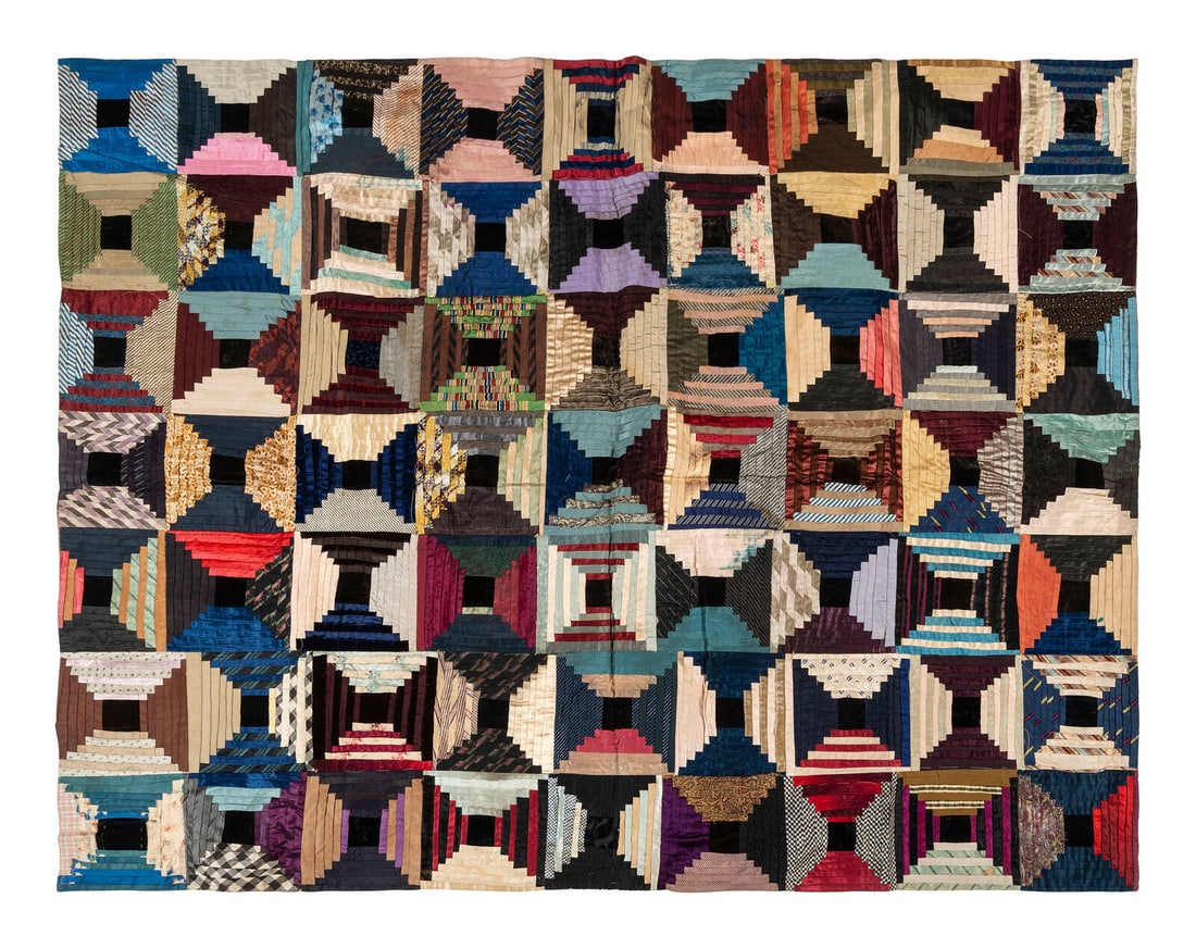 A Pieced Silk 'Courthouse Steps' Pattern Quilt (1 of 2)
