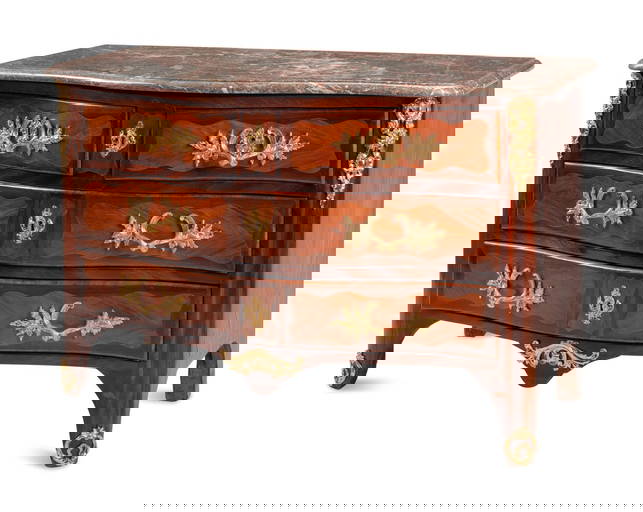 A Régence Gilt Bronze Mounted Kingwood And Tulipwood Parquetry Marble