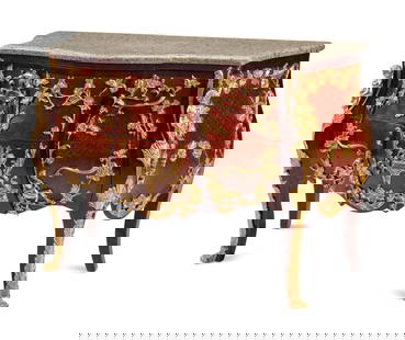 A Louis XV Style Gilt Bronze Mounted Parquetry Marble-Top Commode After the Model by Charles: A Louis XV Style Gilt Bronze Mounted Parquetry Marble-Top Commode After the Model by Charles Cressent 20th Century This lot is located in Chicago.