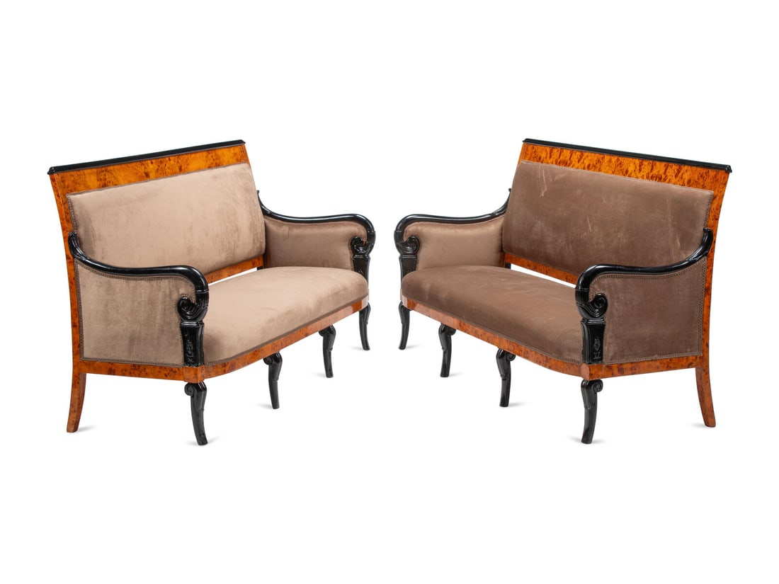 A Pair of Louis Philippe Style Part Ebonized Burlwood Settees: A Pair of Louis Philippe Style Part Ebonized Burlwood Settees 20th Century Height 38 x width 70 x depth 25 inches. This lot is located in Chicago.