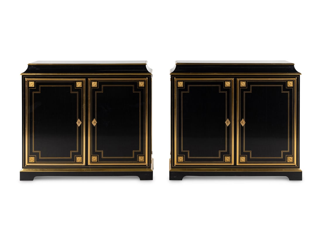A Pair of Custom Gilt Bronze Mounted Ebonized Cabinets: A Pair of Custom Gilt Bronze Mounted Ebonized Cabinets 20th Century in the Louis XIV style, designed by David Hicks for a private residence. Height 43 x width 48 3/4 x depth 17 inches. This lot is loc
