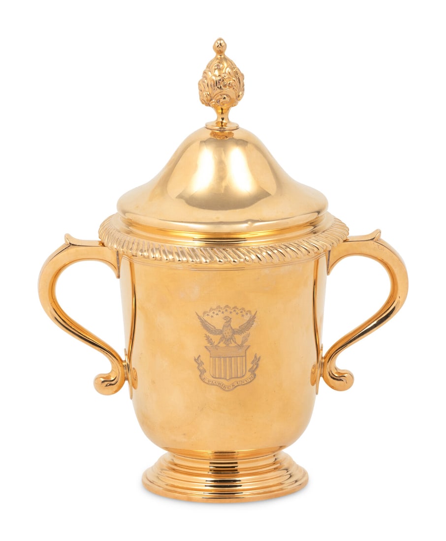 A 14-Karat Gold Cup and Cover of Horse Racing Interest: A 14-Karat Gold Cup and Cover of Horse Racing Interest William Carbine for Ensko, New York, NY, Circa 1949 the form based on an example by John Coney (1655-1722) the body engraved 'Won by/ 1949/ 'Andi