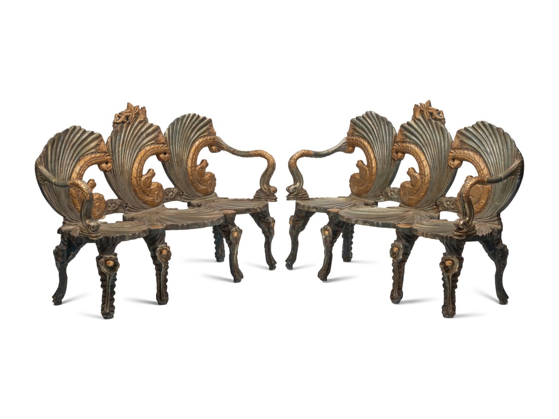 A Pair of Continental Gilt and Silvered Wood “Grotto” Settees: A Pair of Continental Gilt and Silvered Wood “Grotto” Settees 20th Century Height 40 x width 55 1/2 x depth 20 inches. This lot is located in Chicago.