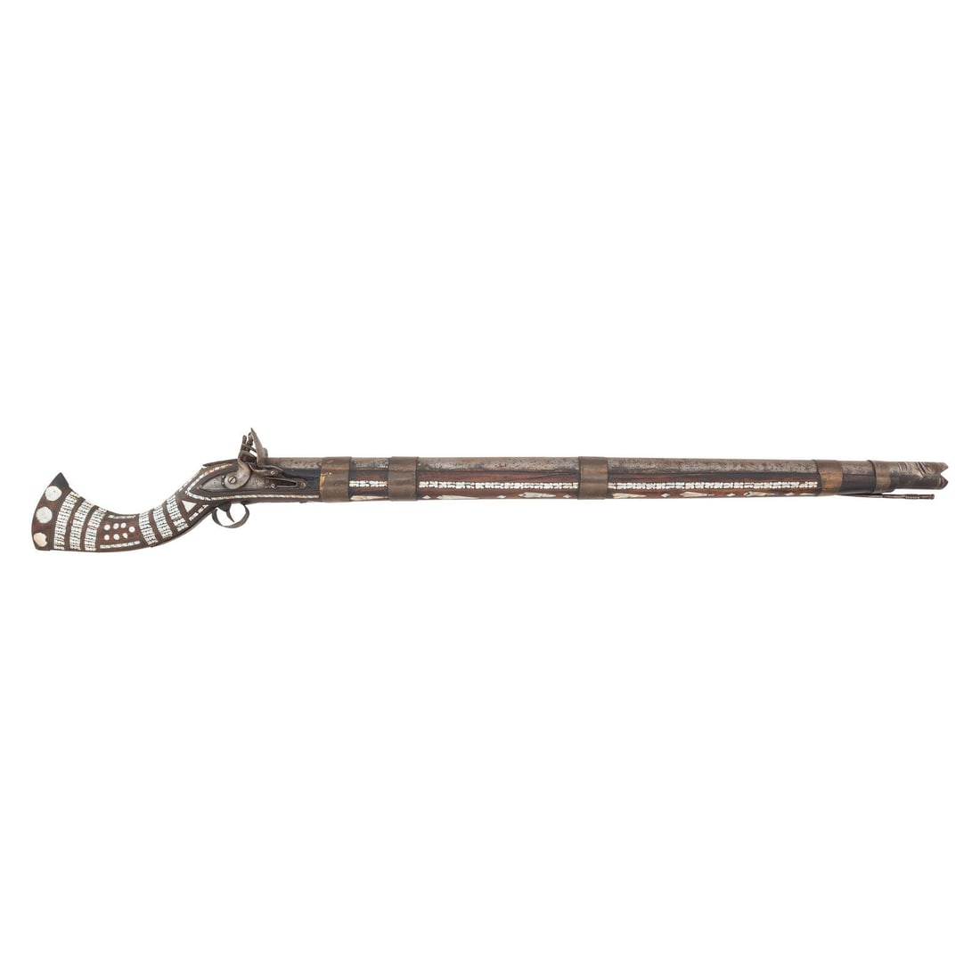 Unusually Large Khyber Pass Flintlock Jezail (Most Likely Rampart Gun) circa 1830: Unusually Large Khyber Pass Flintlock Jezail (Most Likely Rampart Gun) circa 1830 About 40mm/1.75" bore. 45.5" barrel length. SN: NSN. Browned metal finish. Curved grip hardwood stock that is profusel