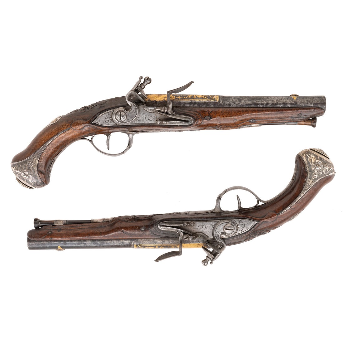 Pair of French Silver Mounted Flintlock Officers Pistols by Jean Seuts (Seux) circa 1785 (1 of 5)