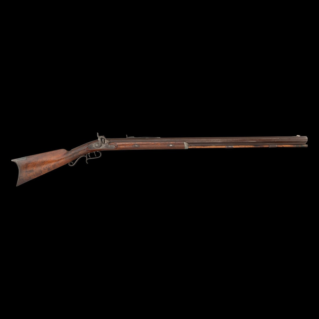 H.E. Dimick Plains Rifle: H.E. Dimick Plains Rifle Western Expansion .50 caliber. 35.75" double-keyed hook breech octagonal barrel with underlug. NSN. Browned finish, blued iron furniture, walnut half-stock with pewter nose ca