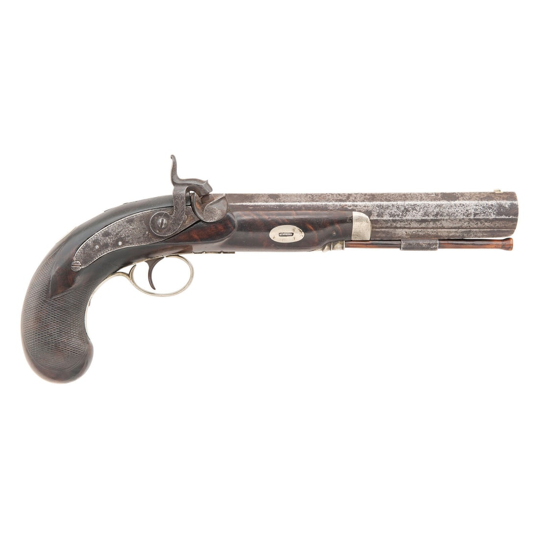 Percussion Pistol by Krider: Percussion Pistol by Krider Western Expansion .40 caliber. 8" octagonal wedge retained barrel. NSN. Bright finish, German silver mountings, checkered walnut stock. Single shot percussion muzzleloading