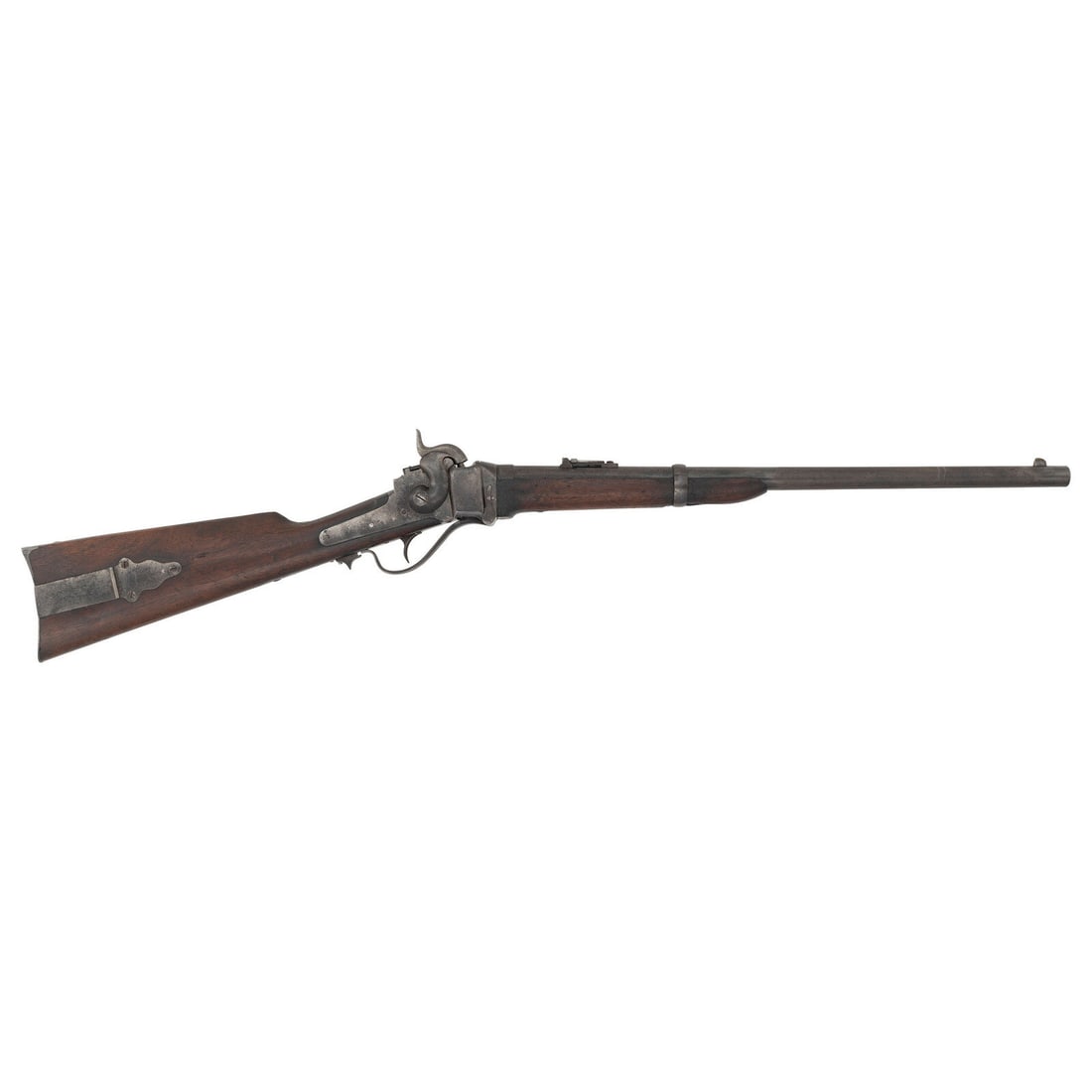 Sharps Transitional New Model 1863 Carbine: Sharps Transitional New Model 1863 Carbine American Civil War .52 caliber. 22" barrel secured by a single spring-retained barrel band. SN: 72299. Blued and color casehardened finish, walnut buttstock