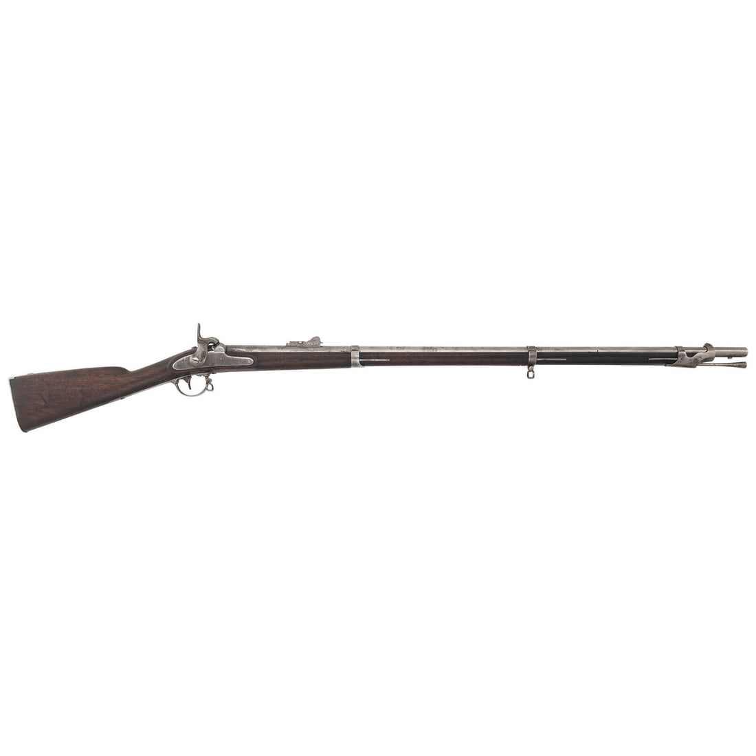 Harpers Ferry Rifled & Sighted US Model 1842 Musket: Harpers Ferry Rifled & Sighted US Model 1842 Musket American Civil War .69 caliber. 42" rifled round barrel secured by three flat spring-retained barrel bands. NSN. Bright finish, iron furniture, waln