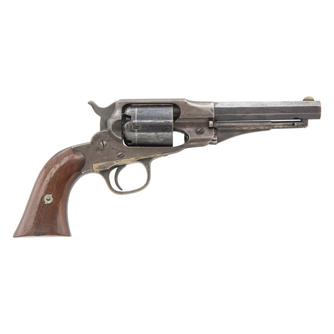 Remington New Model Police Percussion Revolver: Remington New Model Police Percussion Revolver .36 caliber. 4.5" barrel. SN: 10679. Blued finish, color casehardened hammer, silver plated brass triggerguard, two-piece smooth varnished walnut grips. 