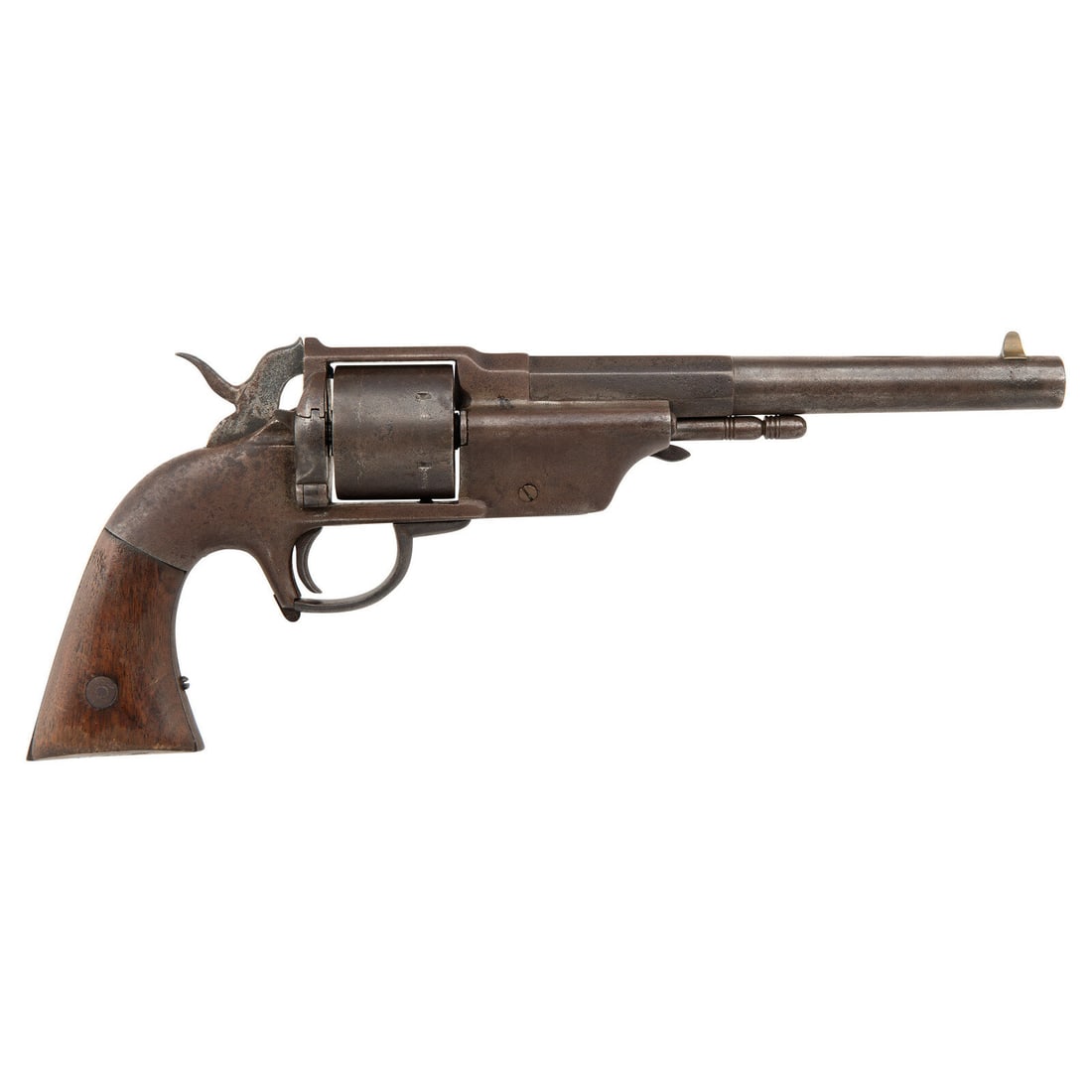 Allen & Wheelock Lipfire Army Revolver Altered to Rimfire: Allen & Wheelock Lipfire Army Revolver Altered to Rimfire .44RF. 7.5" octagon to round barrel. SN: 14. No finish remaining, two-piece smooth walnut grips. Single action solid frame cartridge revolver 