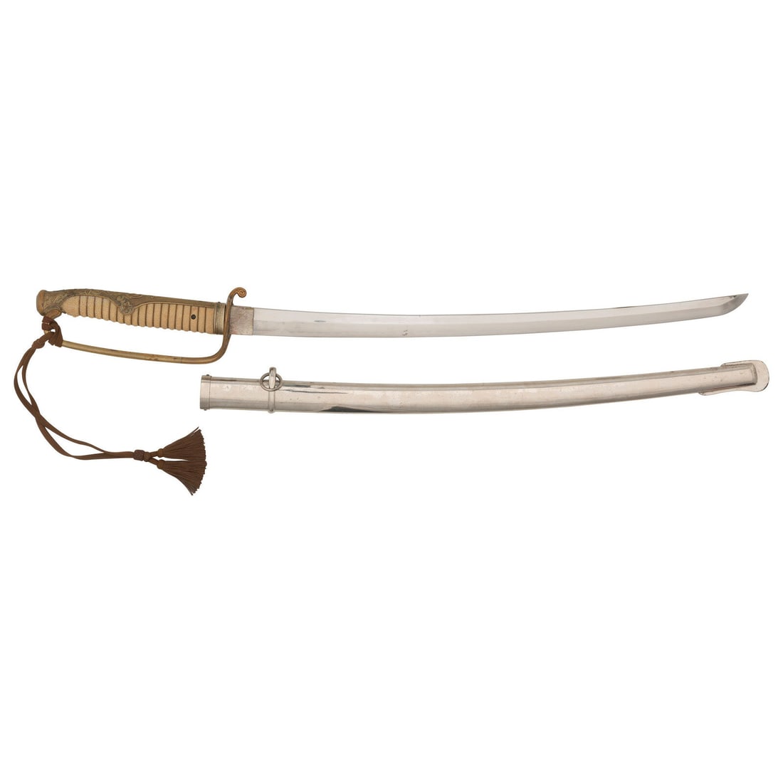 Signed WWII-era Japanese Kyu-Gunto: Signed WWII-era Japanese Kyu-Gunto World War II 24" nagasa. 37" overall. Shinogi-zukuri blade with single hole nakago that is signed on left side with five character mei, a seki arsenal stamp, and wha