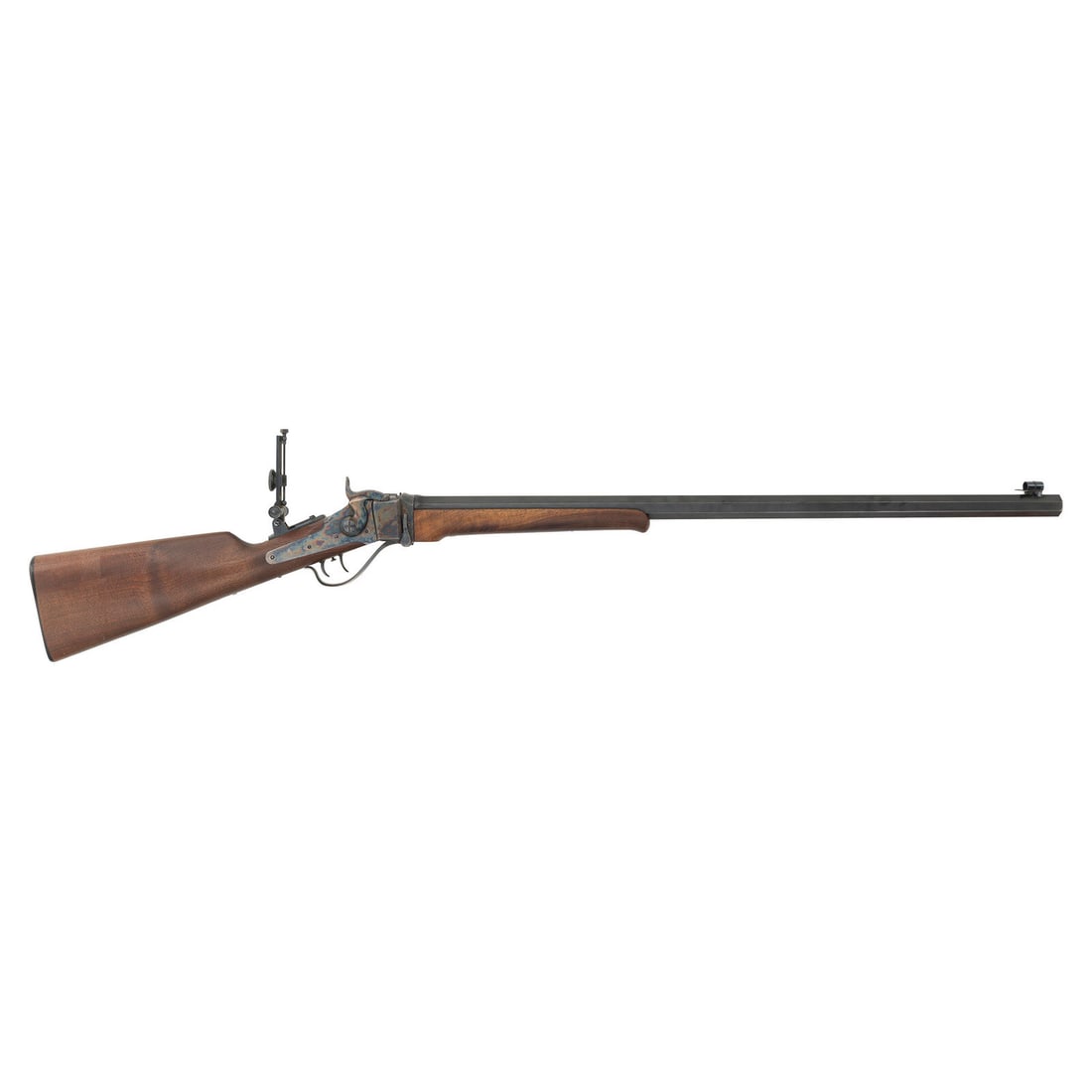 *Shiloh Sharps in .40-65 with Vernier Sight: *Shiloh Sharps in .40-65 with Vernier Sight .40-65. 30" barrel length. SN: 8633. Blued metal finish with case colored frame and small parts mounting octagonal barrel, staight wrist walnut stock, Schna