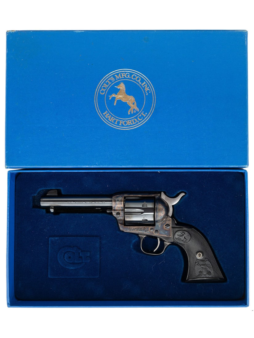 *3rd Generation Colt Single Action Army in Box: *3rd Generation Colt Single Action Army in Box .45 LC. 4.75" barrel length. SN: S10624A. Blued finish with case colored frame, polished hammer flanks, and mounting black synthetic Colt Eagle grips. Si