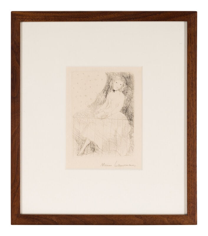 Marie Laurencin (French, 1883-1956) Woman on Balcony, 1926: Marie Laurencin (French, 1883-1956) Woman on Balcony, 1926 etching 5 x 3 1/4 inches. This lot is located in Chicago. Property from the Estate of Shirley Mann, Chicago, Illinois <