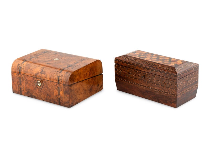 A Large Tunbridge Marquetry Tea Caddy and a Victorian Walnut and Marquetry Table Casket (1 of 2)