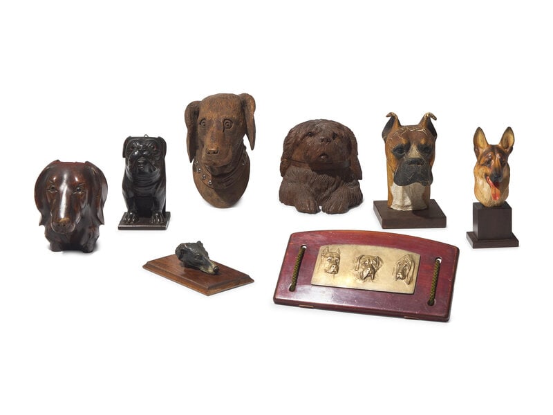 A Collection of Eight Dog-Form Carved Wood, Cast Plaster or Composite, and Cast Metal Articles (1 of 2)