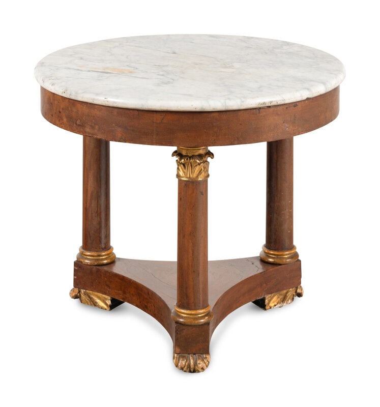 An Empire Style Gilt-Bronze Mounted Marble Top Guéridon: An Empire Style Gilt-Bronze Mounted Marble Top Guéridon 19th Century Height 24 1/2 x diameter of top 29 inches. This lot is located in Chicago.