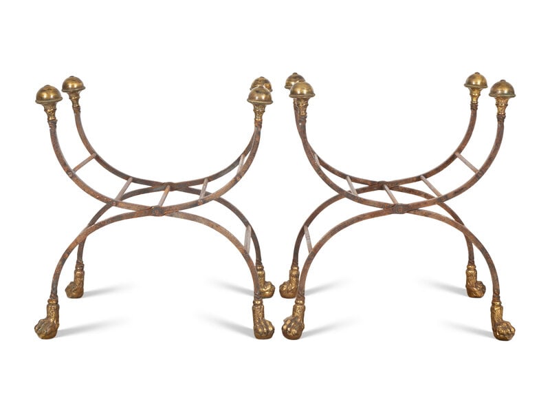 A Pair of Contemporary Curule-form Wrought Iron and Brass Stools  (1 of 3)