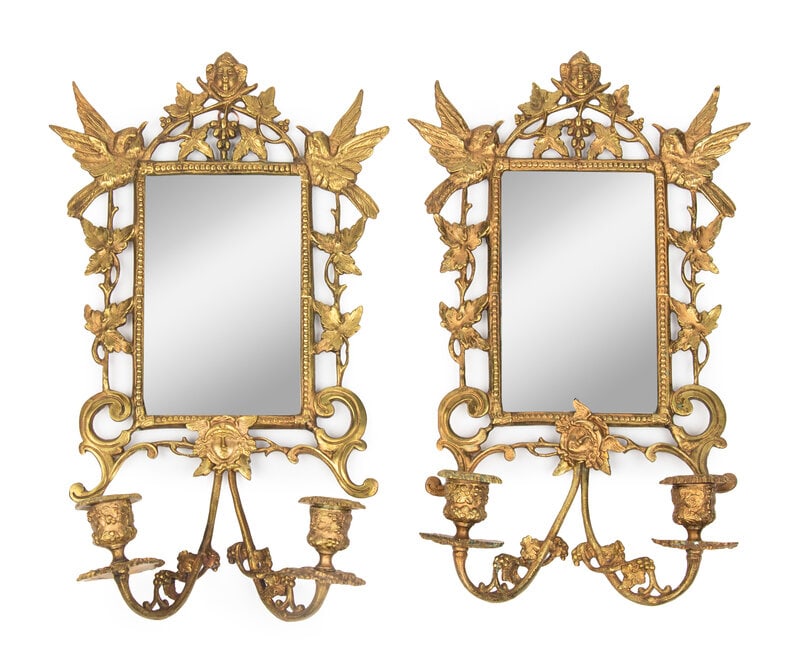 A Pair of Brass Girandole Mirrors: A Pair of Brass Girandole Mirrors 19th Century Height 16 x width 9 inches. This lot is located in Chicago. Property from a Private Collection
