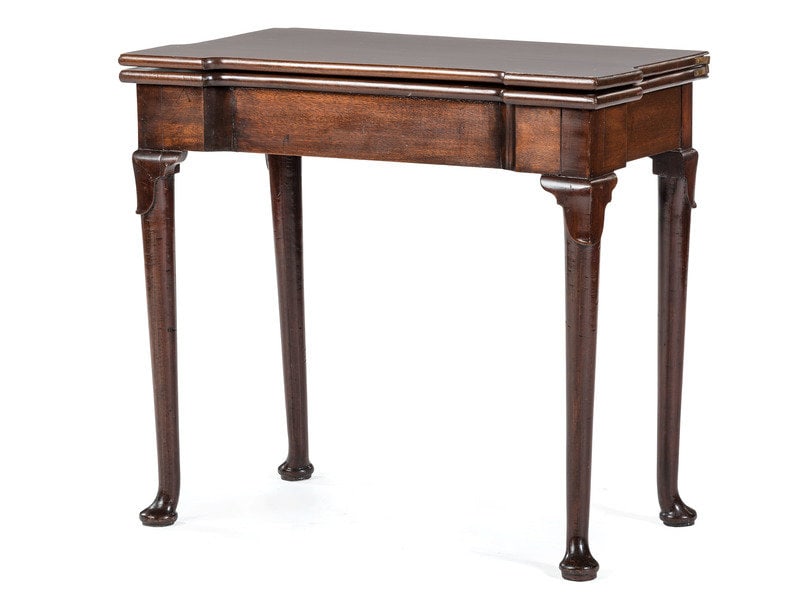 A George III Mahogany Games Table and a Set of Four Queen Anne Style Walnut Dining Chairs: A George III Mahogany Games Table and a Set of Four Queen Anne Style Walnut Dining Chairs 19th Century and Later Height of table 28 1/2 x width 32 x depth 16 3/4 inches; height of chairs 41 1/2 inch