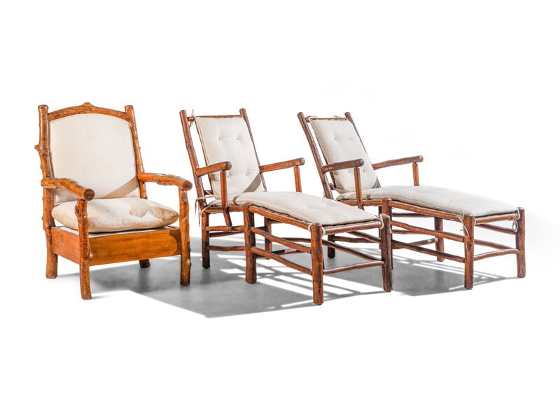 A Group of Three Rustic Wood Chairs: A Group of Three Rustic Wood Chairs 20th Century comprising a pair of chaise lounges and an armchair. Height 44 inches. This lot is located in Chicago. The Maharam Family Collect