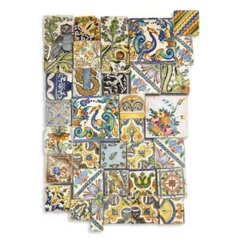 A Group of Thirty-Six Spanish and Mexican Tin-Glaze Tiles: A Group of Thirty-Six Spanish and Mexican Tin-Glaze Tiles Each depicting various floral and foliate motifs, and a few bearing birds. Height 8 1/2 x width 8 ½ inches (largest). <