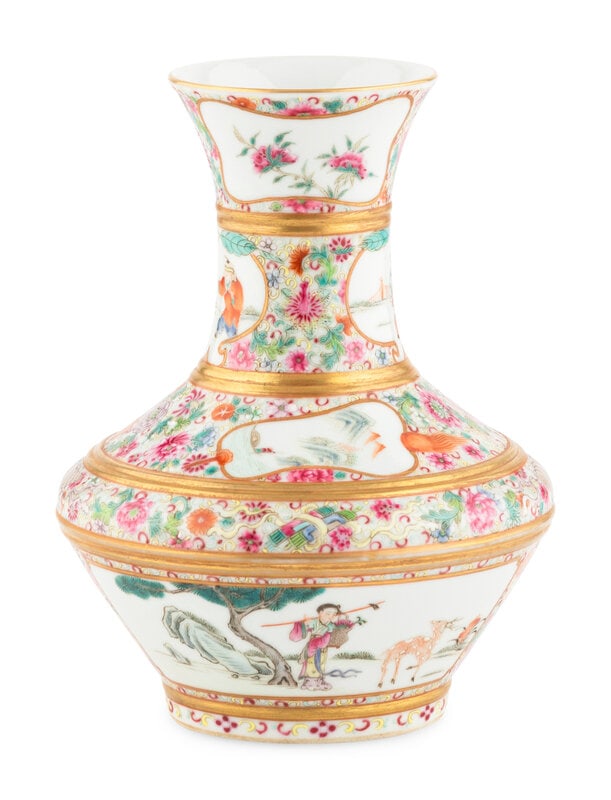 A Chinese Gilt Highlighted Famille Rose Porcelain Vase: A Chinese Gilt Highlighted Famille Rose Porcelain Vase 20th century Height 7 1/4 inches. This lot is located in Chicago. Size Height 7 1/4 inches.