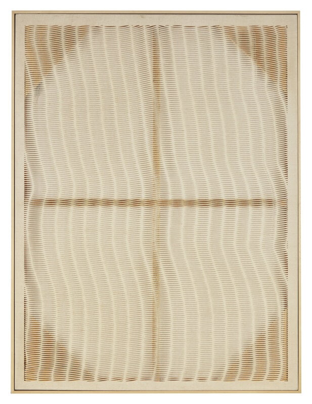 Hugh Scott-Douglas (British, b. 1988) Untitled: Hugh Scott-Douglas (British, b. 1988) Untitled lasercut gessoed linen initialed and inscribed HSD 017 and JS to stretcher 40 x 30 in. This lot is located in Philadelphia.